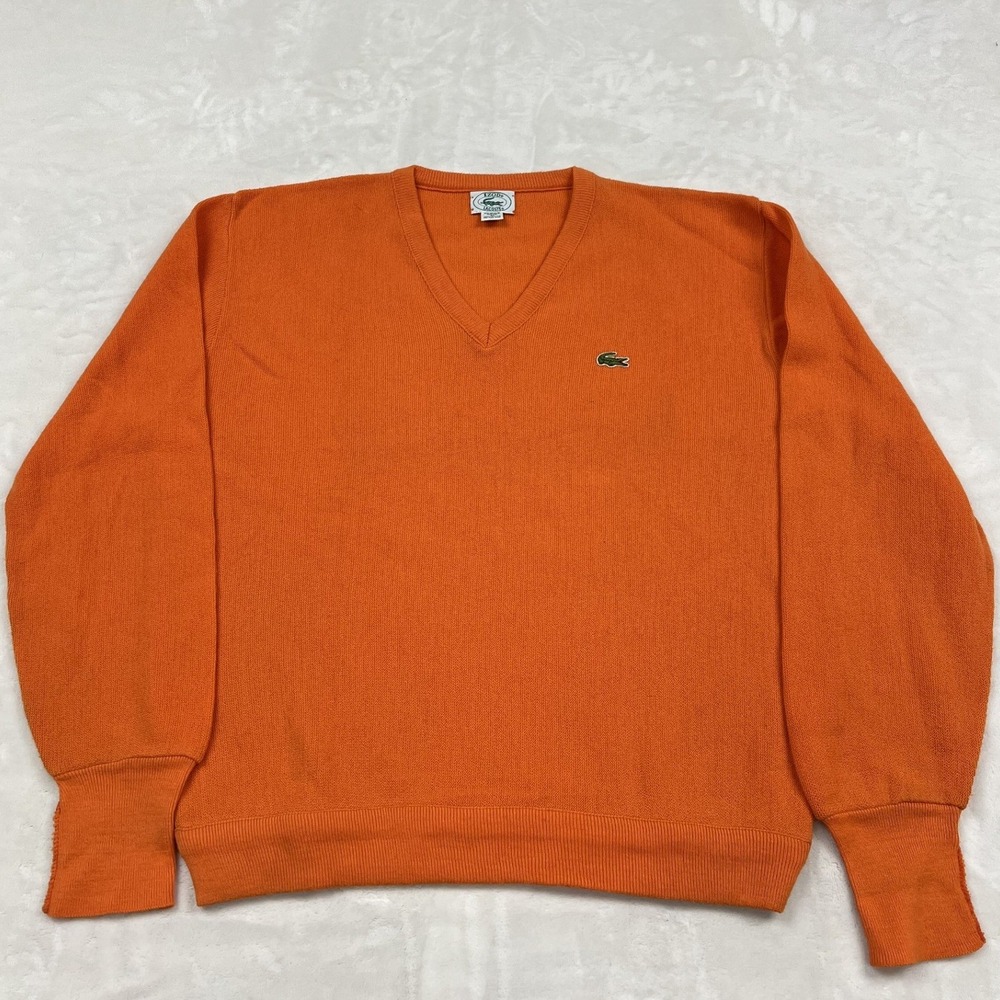 Izod Lacoste V-Neck Sweater Mens XL Orange Vintage Knit Crocodile Logo